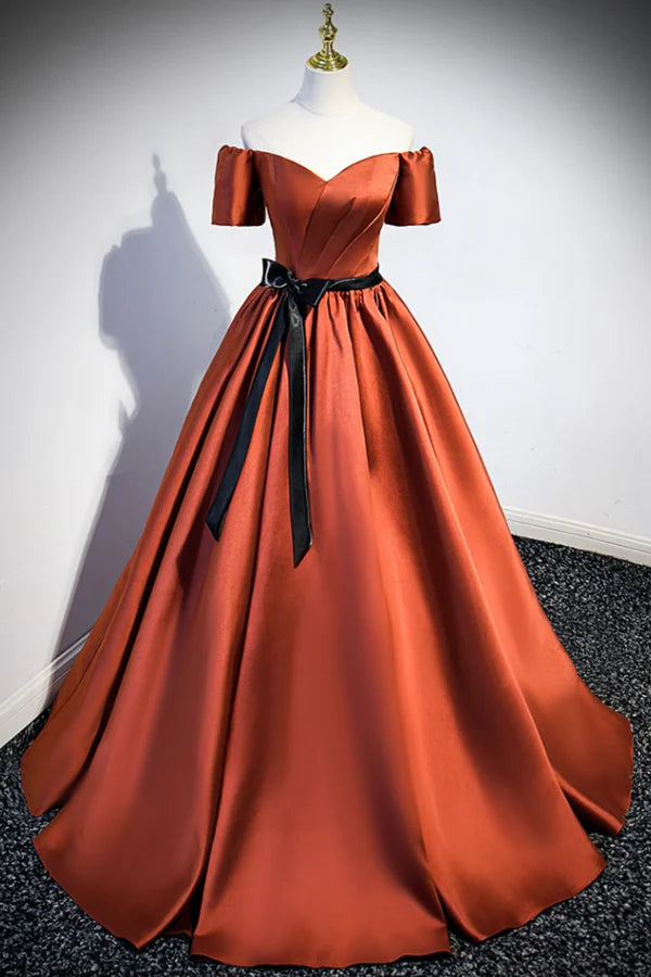 Wholesale Simple Satin Long Prom Dress Short Sleeve A-Line Evening Party Dress